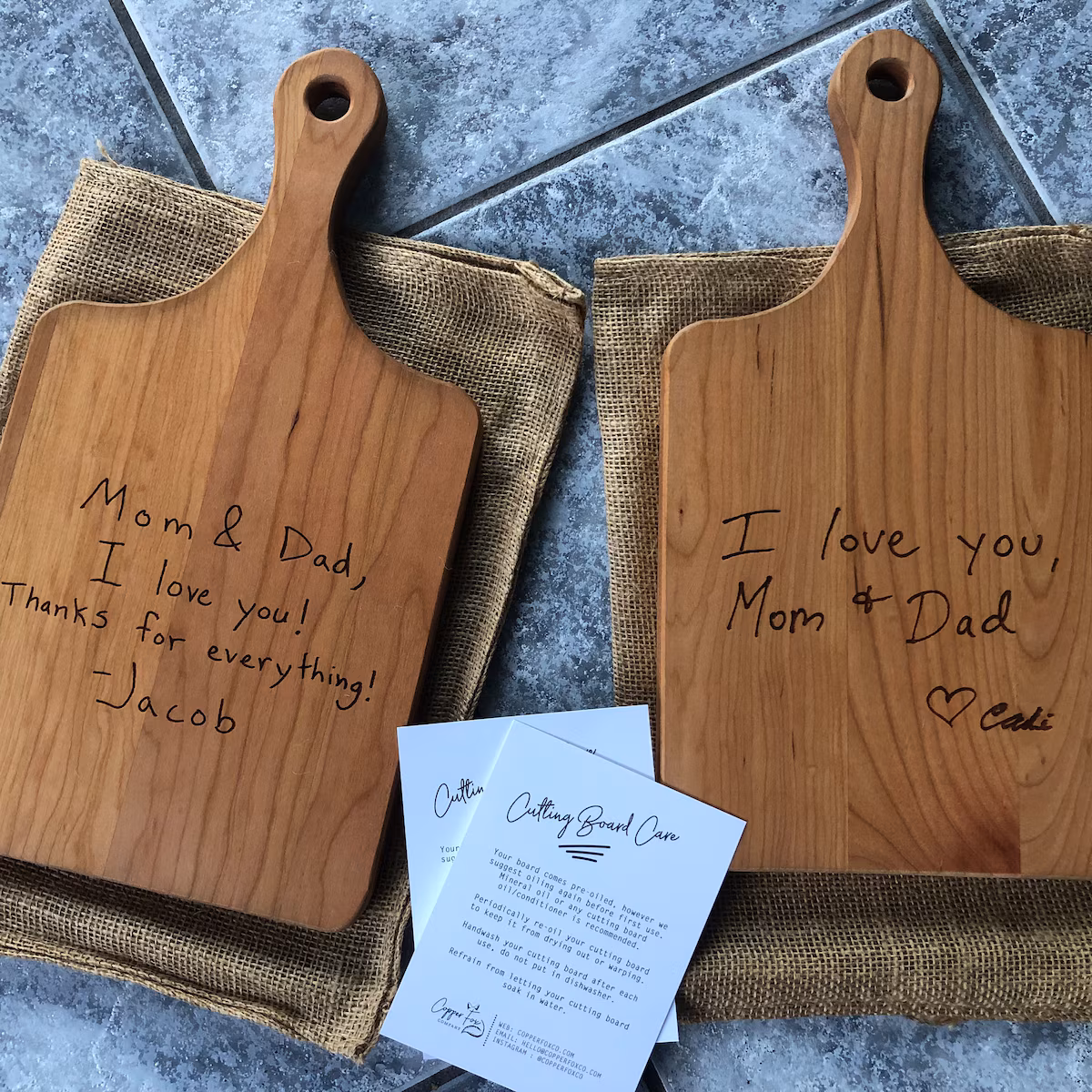 A real customer's handwriting preserved on a custom cutting board
